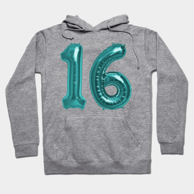 Aqua Blue 16th Birthday Metallic Helium Balloons Numbers Hoodie by podartist